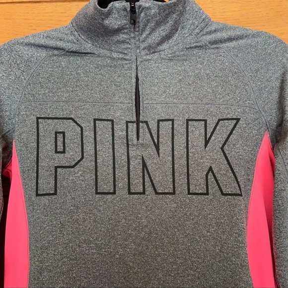 PINK GREY & HOT PINK PULLOVER THUMB HOLES SZ L QUARTER NECK ZIPPER - Picture 2 of 10